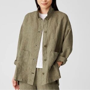 Eileen Fisher Organic Linen Delave Jacket L Tarragon Stand Collar Minimalist